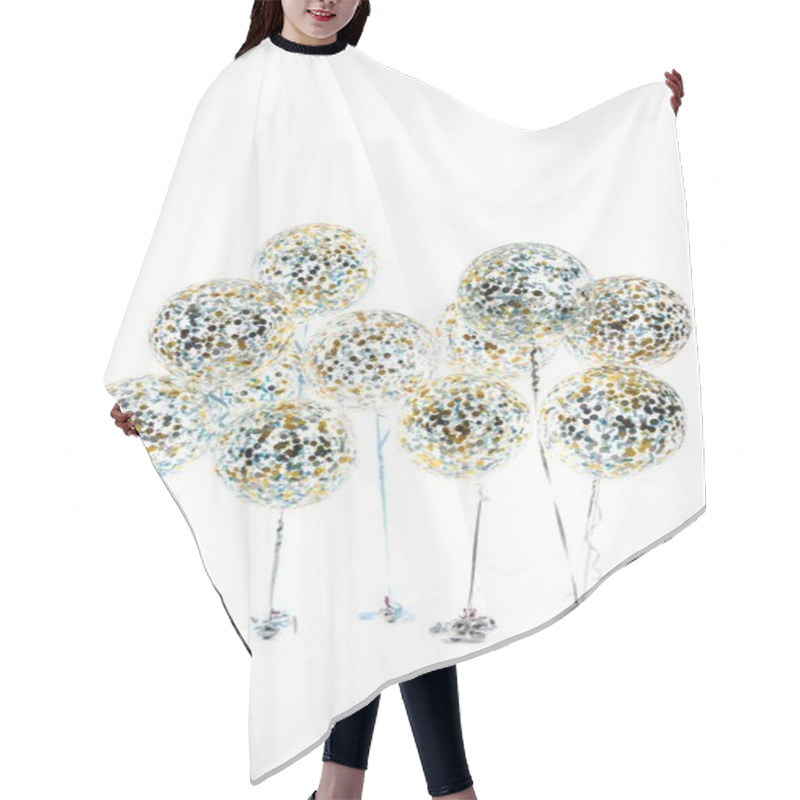 Personality  Big Balloons With Golden And Blue Confetti And Stars, Isolated On White Hair Cutting Cape