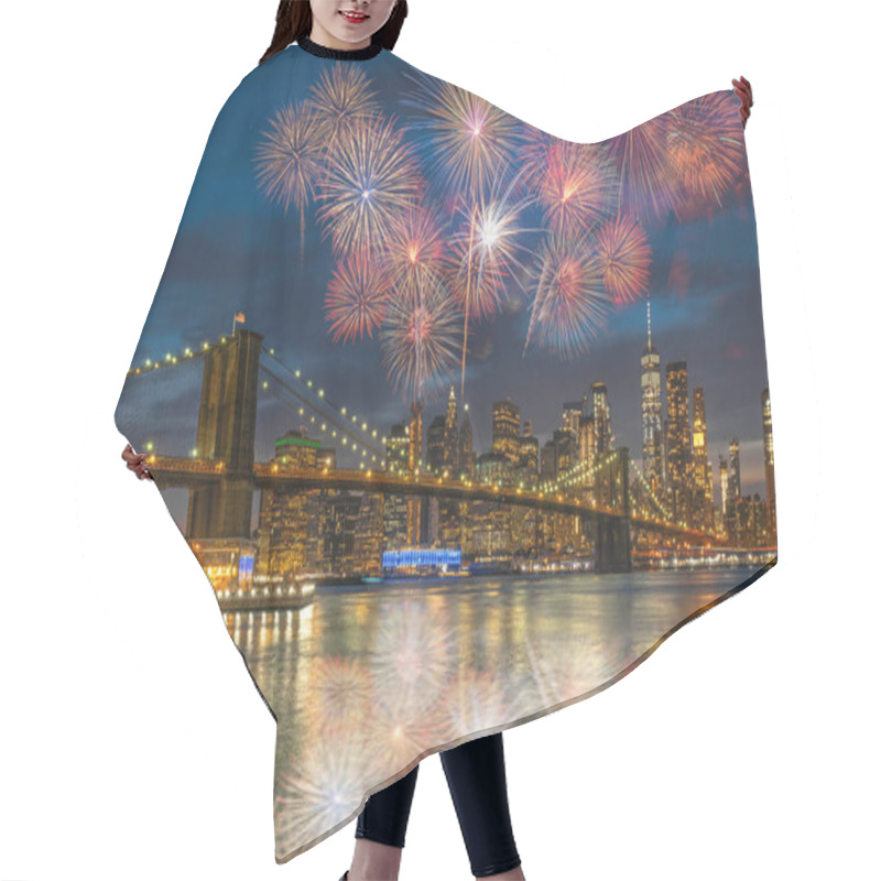 Personality  Multicolor Firework Celebration Over Scene Of New York Cityscape With Brooklyn Bridge Over The East River At The Twilight Time, USA Downtown Skyline, 4th Of July And Independence Day Concept Hair Cutting Cape