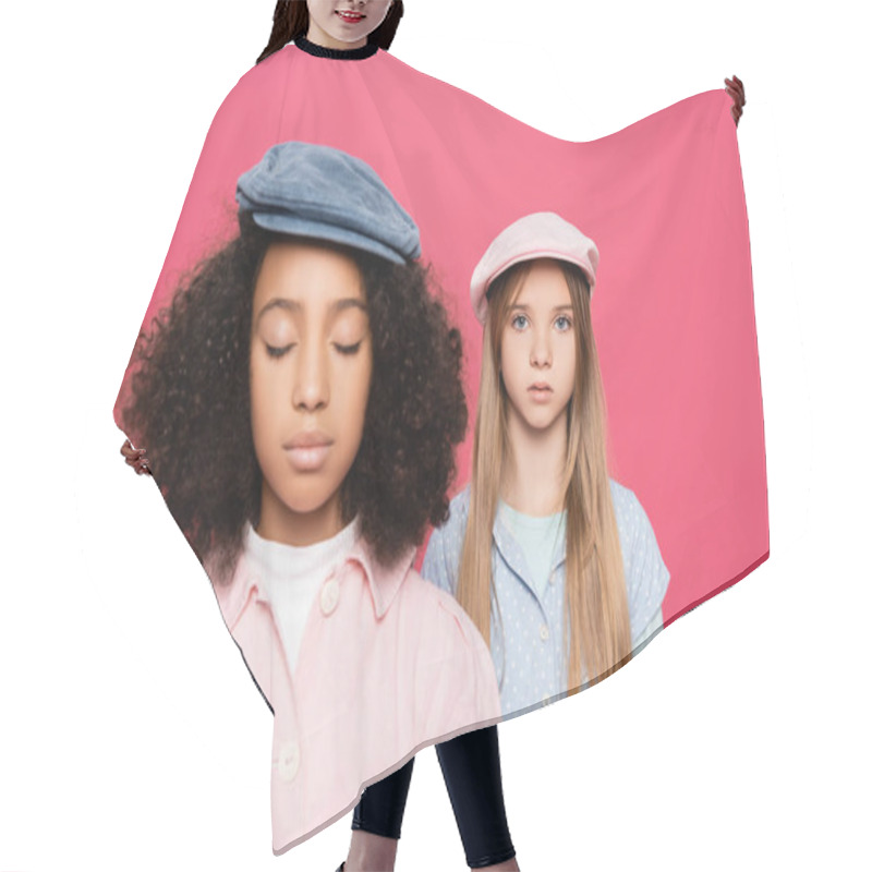 Personality  Fashionable Girl Looking At Camera Near African American Friend With Closed Eyes Isolated On Pink Hair Cutting Cape