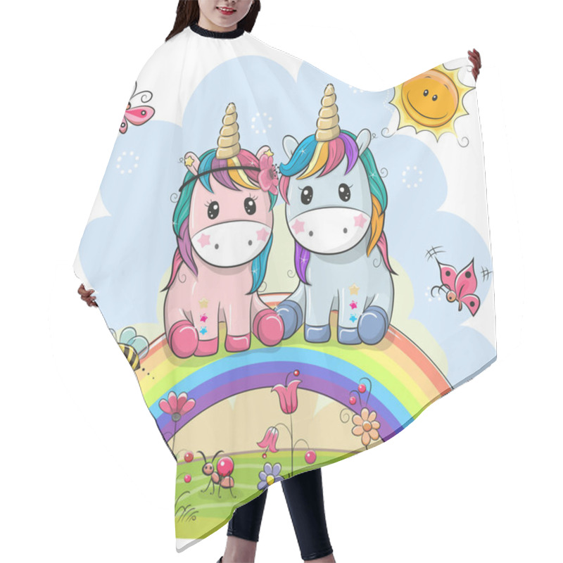 Personality  Two Cartoon Unicorns Are Sitting On The Rainbow Hair Cutting Cape