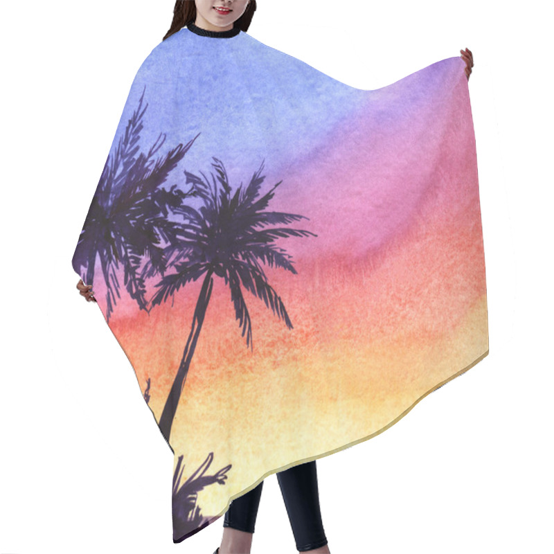 Personality  Marvelous Tropical Landscape Background. Dark Silhouette Of Seaside With Coconut Palm Trees Against Bright Gradient Sunset Sky Of Rainbow Colors. Watercolor Hand Drawn Illustration Paper Texture. Hair Cutting Cape