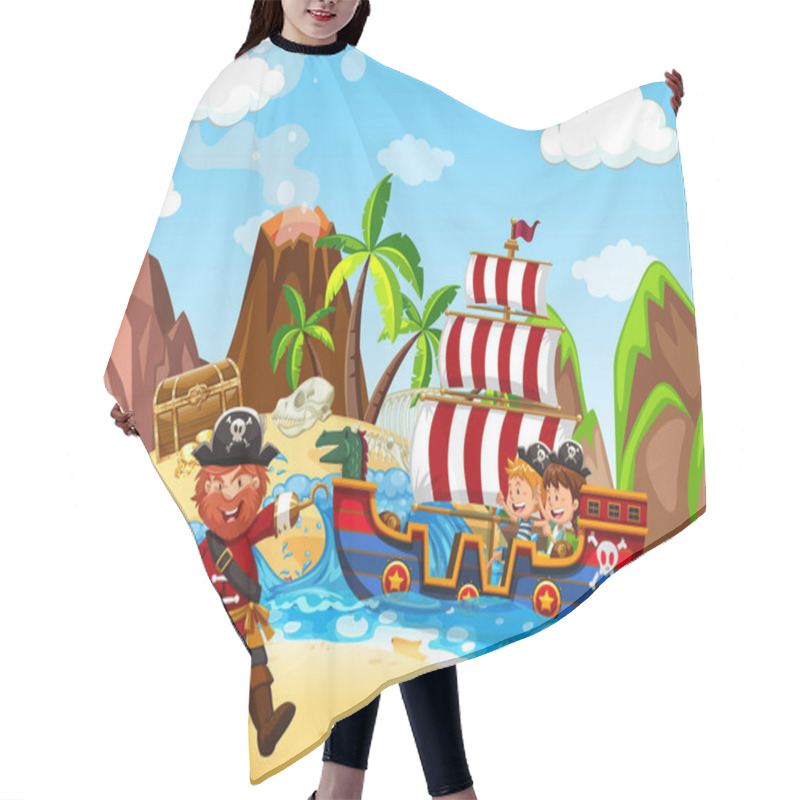 Personality  Scene With Pirate And Viking Ship At Sea Illustration Hair Cutting Cape