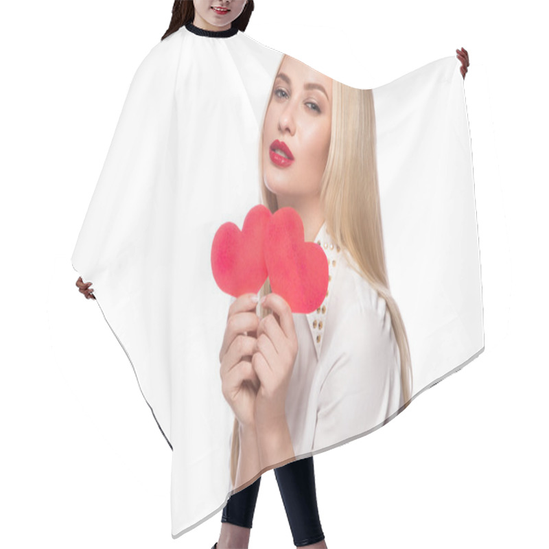 Personality  Portrait Of Beautiful Blond Woman With Bright Makeup And Red Heart In Hand. Valentines Day Hair Cutting Cape