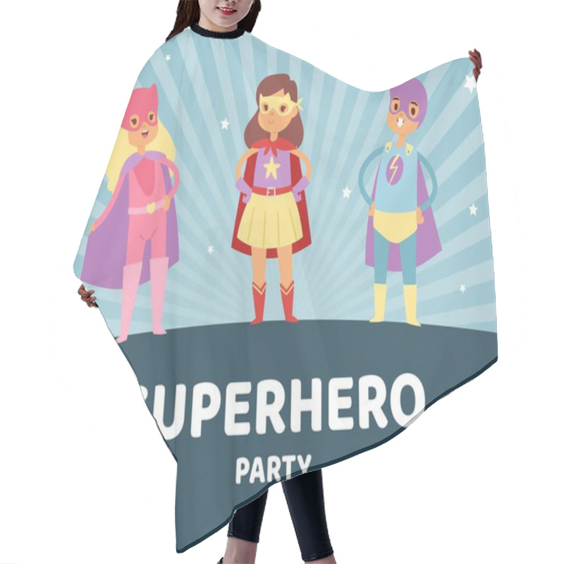 Personality  Superhero Kids In Costumes Party Vector Illustration, Masquerade Invitation. Children Dressed In Superhero Costume And Masks. Cute Little Superhero Boy And Girls On Retro Background Poster. Hair Cutting Cape