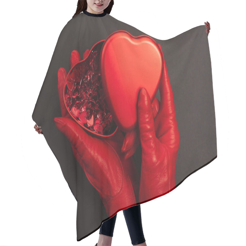 Personality  Top View Of Woman In Red Gloves Holding Metallic Heart-shaped Box On Black Hair Cutting Cape