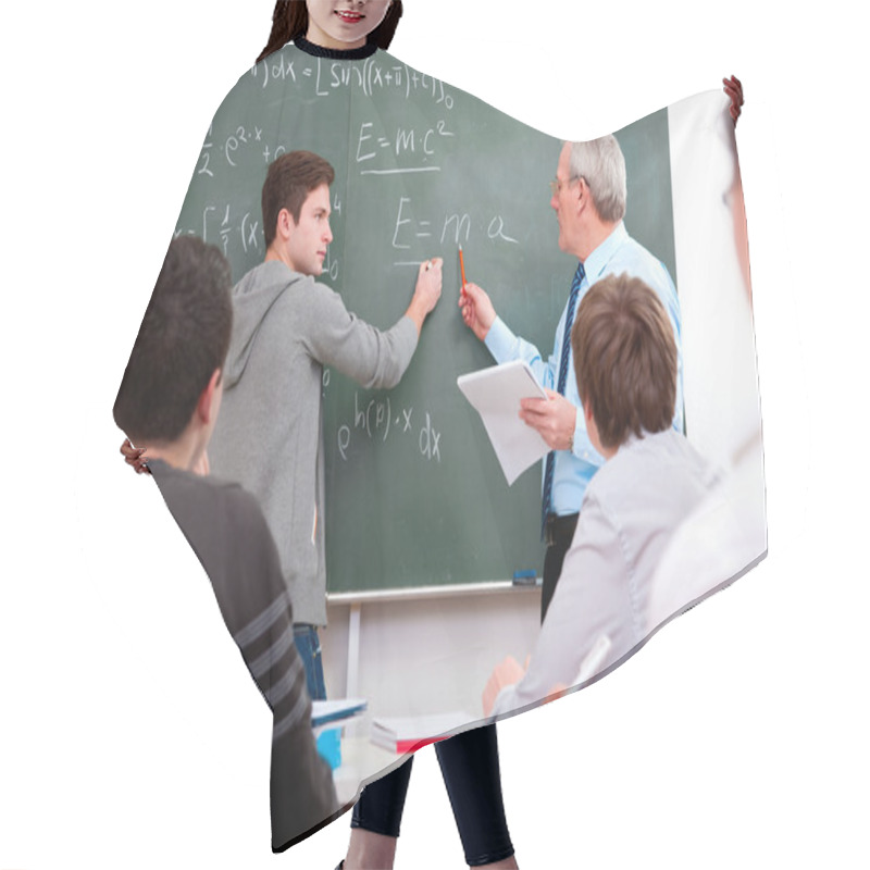 Personality  Teacher With High School Students Hair Cutting Cape