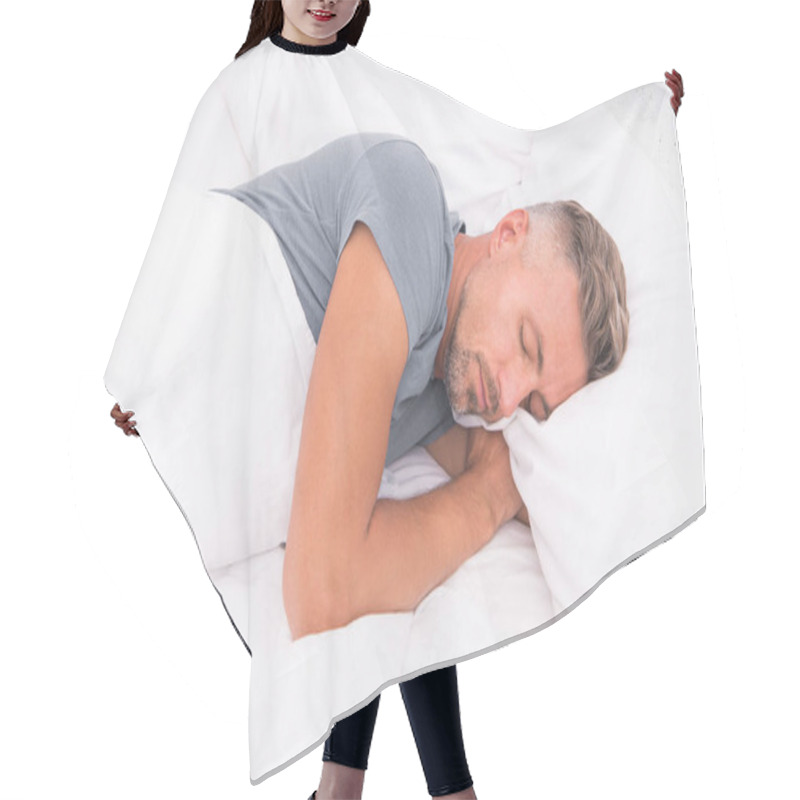 Personality  Relaxed Man. Promote Prevention And Management Of Sleep Disorders. World Sleep Day. Benefits Of Good And Healthy Sleep. Breathe Easily, Sleep Well. Handsome Man In Bed. Sleeping Guy At Home Hair Cutting Cape