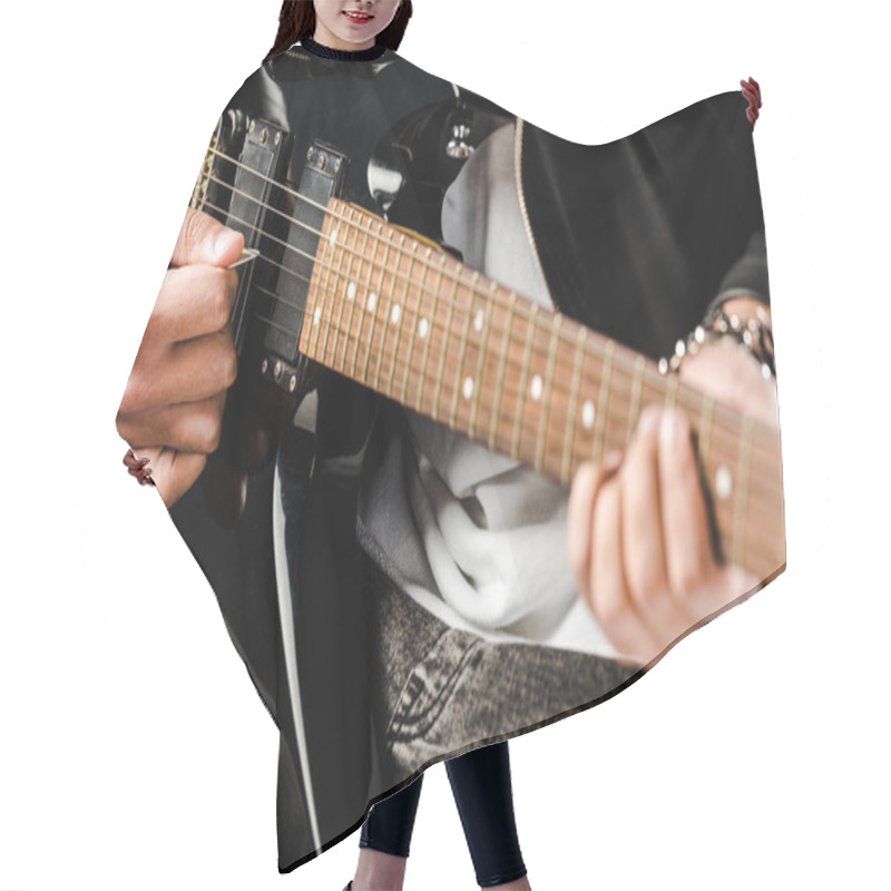 Personality  Partial View Of Male Rock Musician In Leather Jacket Playing On Electric Guitar Isolated On White Hair Cutting Cape