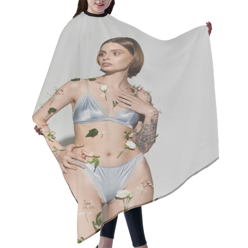 Personality  Beautiful Woman With Plants On Her Body Wearing Underwear. Hair Cutting Cape