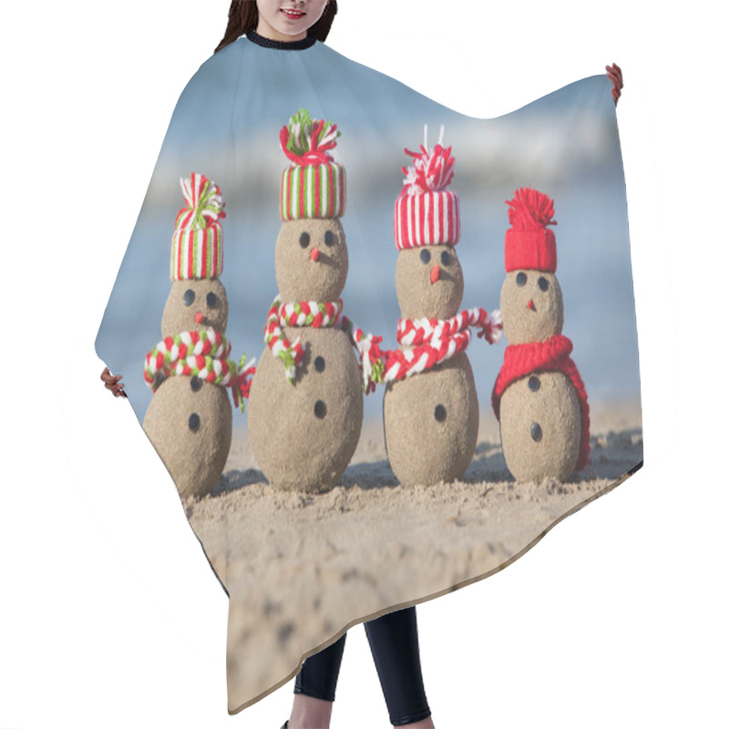 Personality  Family Of Sandy Snowmen At Tropical Beach.  Hair Cutting Cape