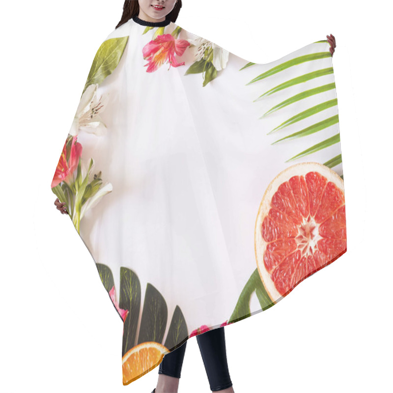 Personality  Summer Tropical Theme Background Or Template With A Space For A Text, Various Fruits, Green Leaves And Flowers Hair Cutting Cape