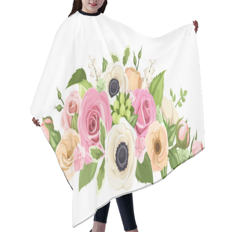 Personality  Pink, Orange And White Roses, Lisianthuses, Anemone Flowers And Green Leaves. Vector Illustration. Hair Cutting Cape