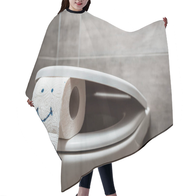 Personality  Close Up View Of Ceramic Clean Toilet Bowl And Toilet Paper With Smiley Face In Modern Restroom Hair Cutting Cape