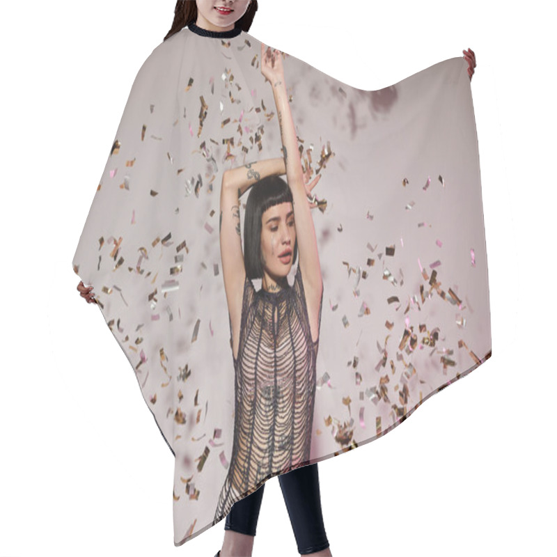 Personality  A Stylish Woman Dances Joyfully Surrounded By Shimmering Confetti. Hair Cutting Cape