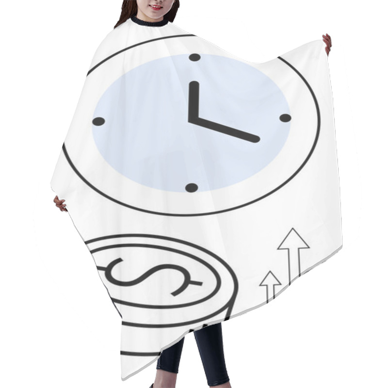 Personality  Large Clock, Dollar Coin, And Upward Arrows Indicating Growth. Ideal For Investment, Financial Planning, Business Growth, Saving Time, Economic Progress Productivity. Line Metaphor Hair Cutting Cape