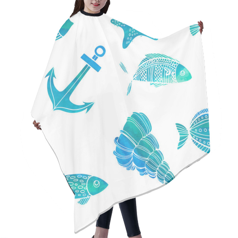 Personality  Nautical Theme: Fish, Shells, Anchor. Hair Cutting Cape