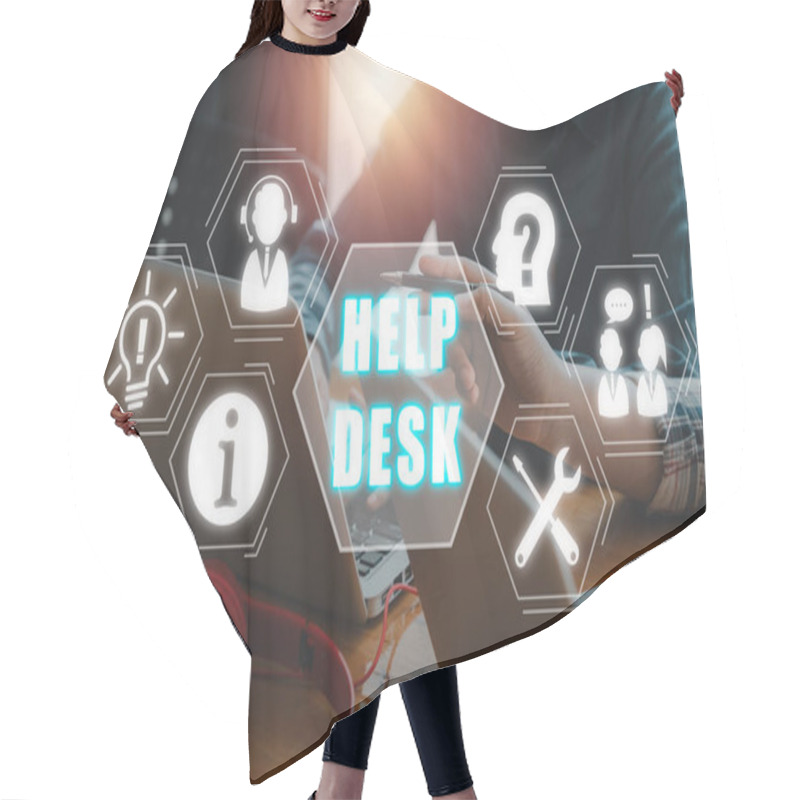 Personality  Help Desk Concept, Business Team Working On Laptop Computer On Desk With Help Desk Icon On Virtual Screen. Hair Cutting Cape