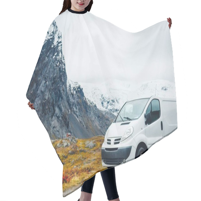 Personality  White Van On The Road Surrounded By Rocks Covered In The Snow Hair Cutting Cape