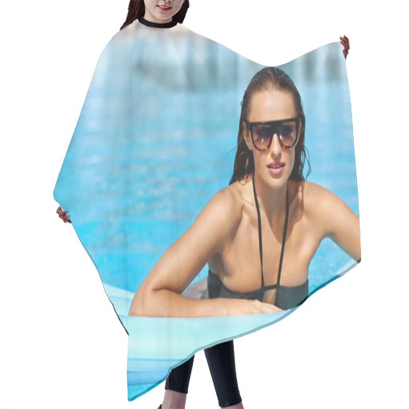 Personality  Pool Fashion. Woman In Pool In Summer Hair Cutting Cape