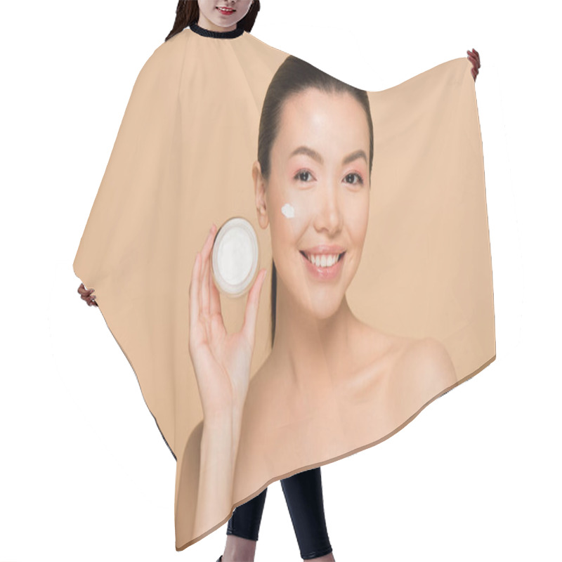 Personality  Beautiful Smiling Naked Asian Girl Holding Glass Container With Cosmetic Cream Isolated On Beige Hair Cutting Cape