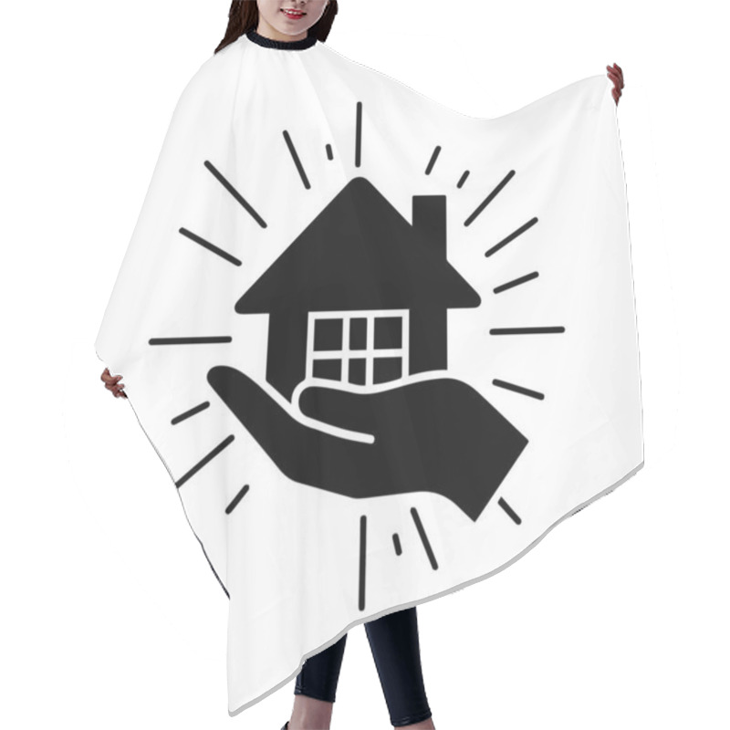 Personality  This Black And White Vector Image Showcases A Stylized Hand Holding A Simple, Geometric House Design. The House Features A Pitched Roof And A Window With Four Panes, Symbolizing Warmth And Shelter.  Hair Cutting Cape