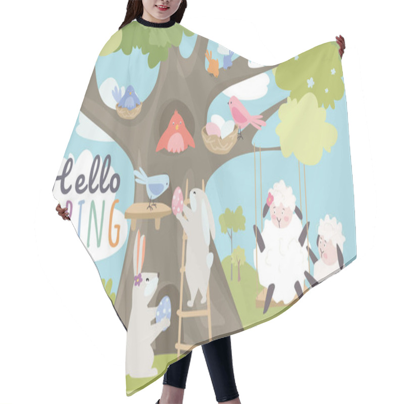 Personality  Hello Spring Concept Background. Cute Animals Greeting Springtime. Bunnies Hold Easter Eggs, Birds Sit Near Nest On Tree Branches, Lambs Ride On Swing. Vector Illustration In Flat Cartoon Design Hair Cutting Cape