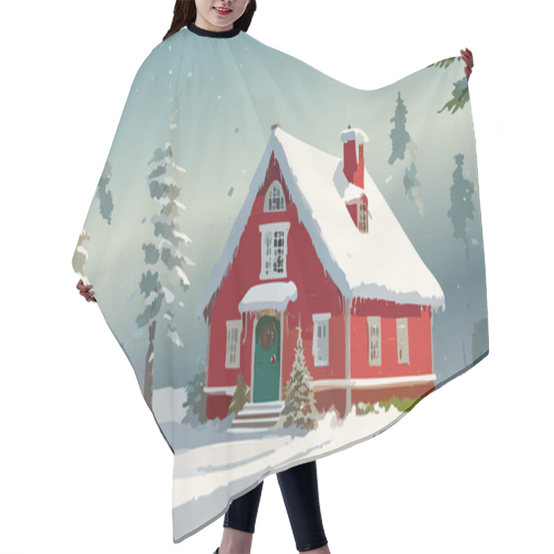 Personality  Illustration Of A Red House In The Winter Forest Hair Cutting Cape