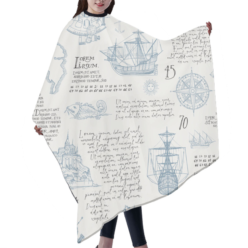 Personality  Old Manuscript With Hand-drawn Islands, Sailboats, Wind Rose And Handwritten Latin Text Lorem Ipsum In Vintage Style. Vector Seamless Pattern On The Theme Of Travel, Adventure And Discovery Hair Cutting Cape