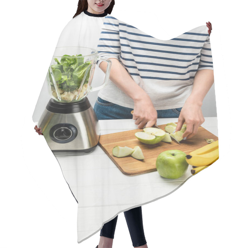 Personality  Overhead View Of Woman Cutting Apple Near Blender And Bananas On White  Hair Cutting Cape