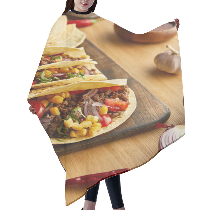 Personality  Delicious Tacos With Meat And Vegetables On Wooden Table Hair Cutting Cape