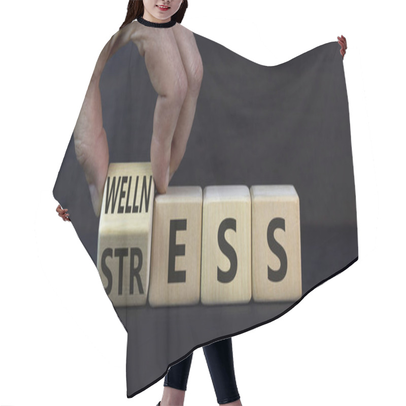 Personality  Wellness Or Stress Symbol. Doctor Turns The Wooden Cube And Changes The Word Stress To Wellness. Beautiful Grey Table Grey Background. Medical, Psychological, Wellness Or Stress Concept. Copy Space. Hair Cutting Cape