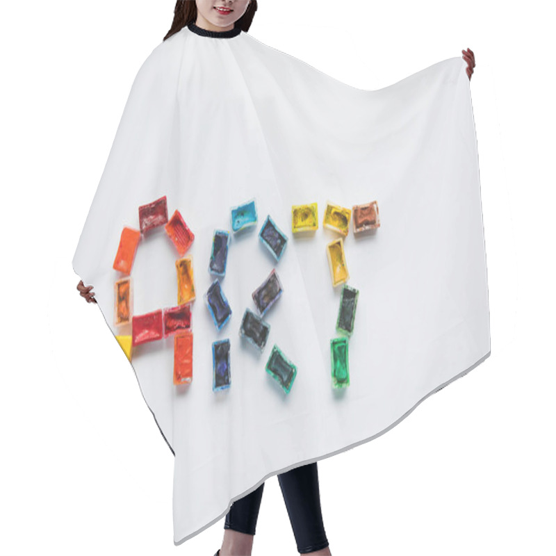 Personality  Top View Of Art Lettering Made Of Paints On White Background Hair Cutting Cape