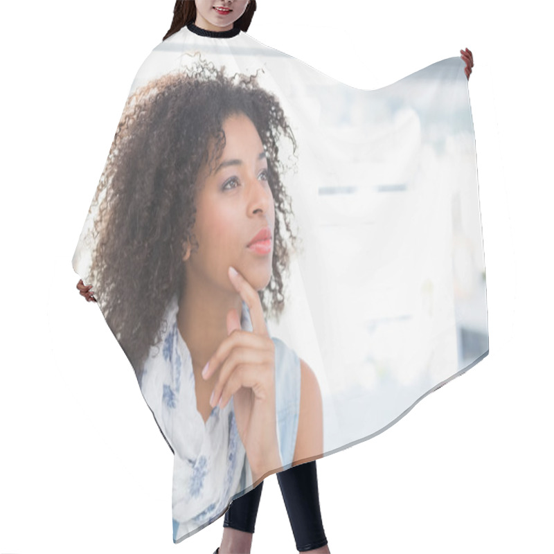 Personality  Pretty Designer Thinking At Her Desk Hair Cutting Cape