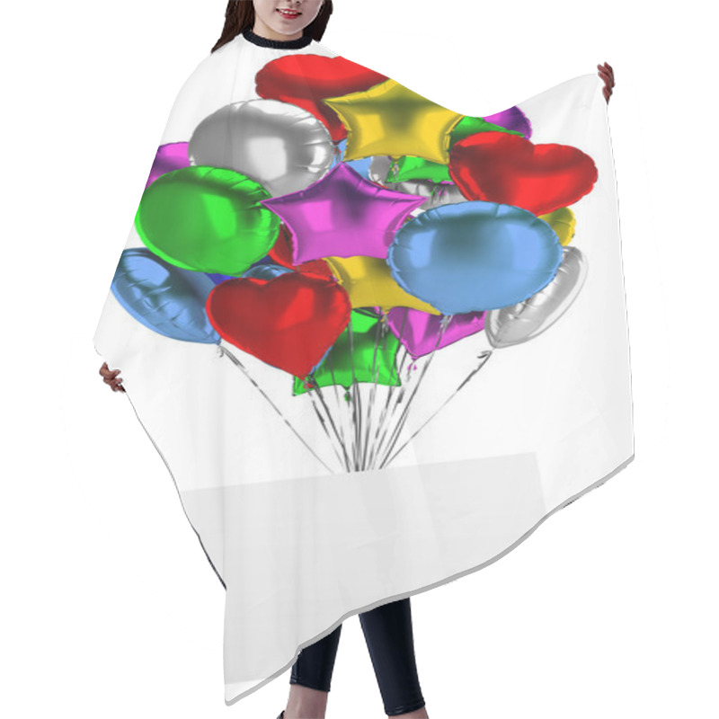 Personality  Bunch Of Balloons With An Empty Board. 3d Image. Isolated White Background. Hair Cutting Cape