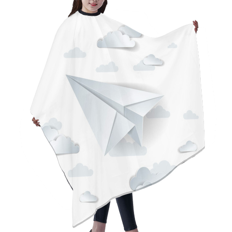 Personality  Paper Plane Flying In Scenic Cloudy Sky, Origami Folded Toy Airplane In Beautiful Cloudscape, Vector Illustration, Airlines, Airways Air Travel Theme. Hair Cutting Cape