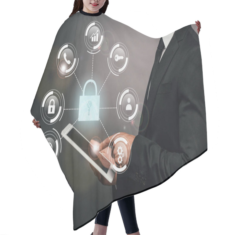 Personality  Partial View Of African American Businessman Using Digital Tablet On Dark Background With Internet Security Illustration Hair Cutting Cape