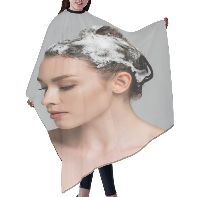 Personality  Young Woman With Foamy And Wet Hair Isolated On Grey  Hair Cutting Cape