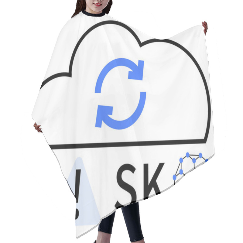 Personality  Cloud Shape With Blue Refresh Arrows, Triangle Warning Icon, And Network Symbol. Ideal For Cybersecurity, Cloud Computing, Data Storage, IT Risk Management, System Updates, Network Security Disaster Hair Cutting Cape