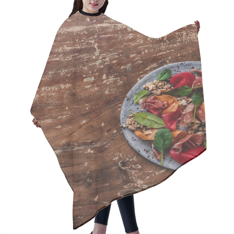 Personality  Top View Of Fresh Gourmet Salad With Mussels, Vegetables And Jamon On Wooden Table  Hair Cutting Cape