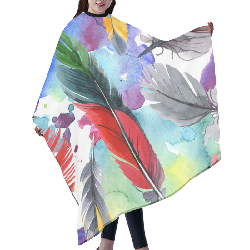 Personality  Colorful Bird Feather From Wing Isolated. Watercolour Drawing Fashion Aquarelle. Fabric Wallpaper Print Texture. Hair Cutting Cape