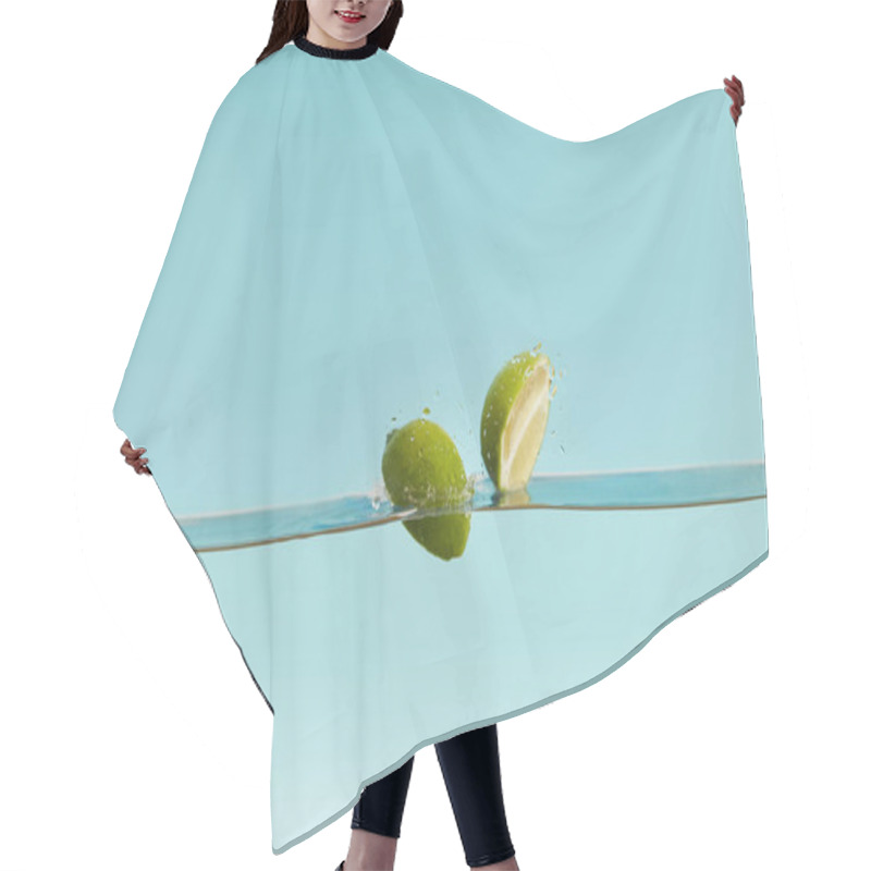 Personality  Ripe Lime Halves Falling In Water On Blue Background Hair Cutting Cape