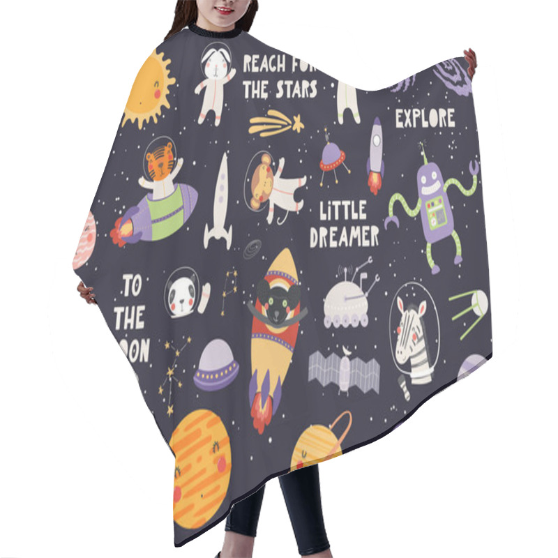 Personality  Big Set Of Cute Animal Astronauts In Space With Planets And Stars With Spaceships And Quotes On Dark Background. Hand Drawn Vector Illustration. Scandinavian Style Flat Design. Concept For Children Print Hair Cutting Cape