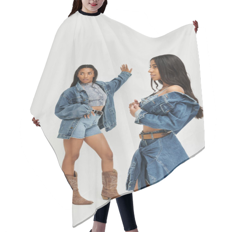 Personality  Two Young Women Celebrate Friendship In Fashionable Denim Attire, Exuding Joy And Style. Hair Cutting Cape