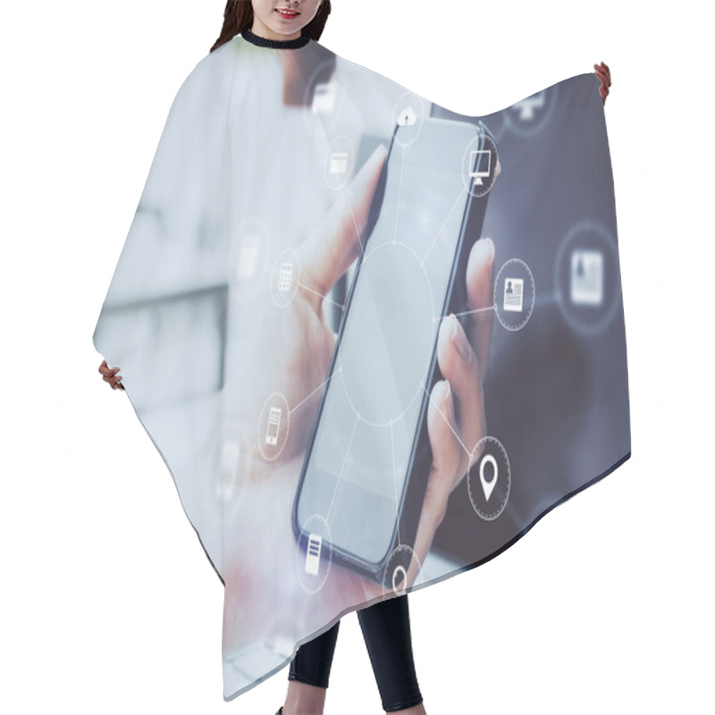 Personality  Hand Using Smart Phone With Abstract Digital Interface. Technology And Innovation Concept. Hair Cutting Cape