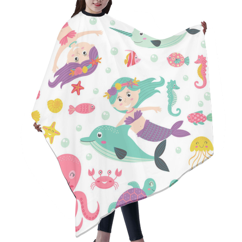 Personality  Set Of Isolated Mermaid With Marine Animals Hair Cutting Cape