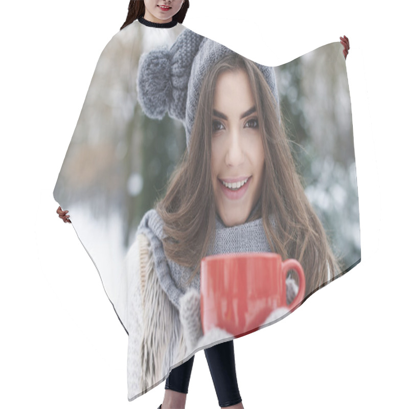 Personality  Winter Woman With Cup Of Hot Tea Hair Cutting Cape