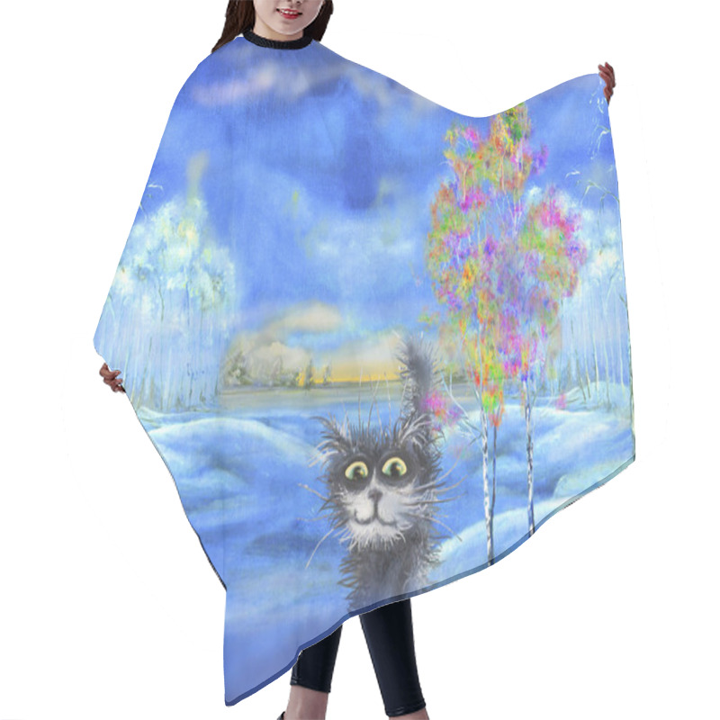 Personality  Black Cat In Winter Landscape Hair Cutting Cape