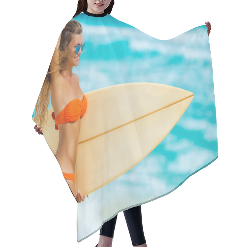 Personality  Beautiful Girl On Beach With Surfboard Hair Cutting Cape