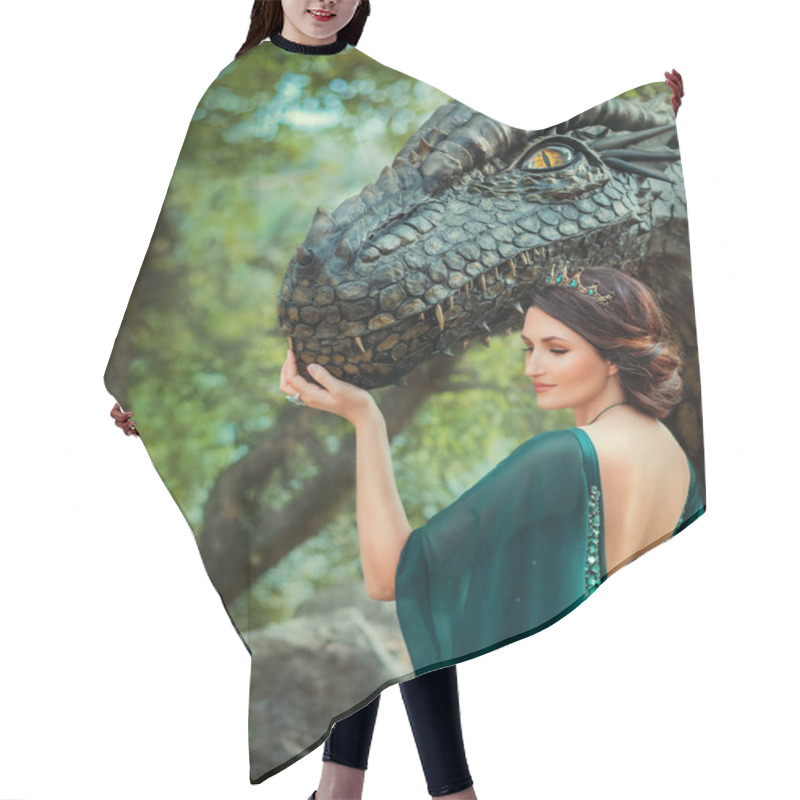 Personality  Fantasy Portrait Woman Queen Hand Touches Muzzle Of Ancient Dragon. Green Vintage Dress Golden Crown Precious Emeralds. Girl Princess Zodiac Sign Dragon. Rear View Open Sexy Back. Nature Summer Trees Hair Cutting Cape