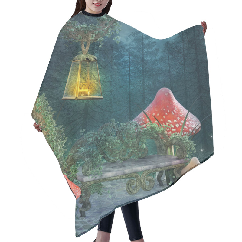 Personality  Fantasy Enchanted Resting Place With Bench, Mushrooms And Lantern - 3D Illustration Hair Cutting Cape